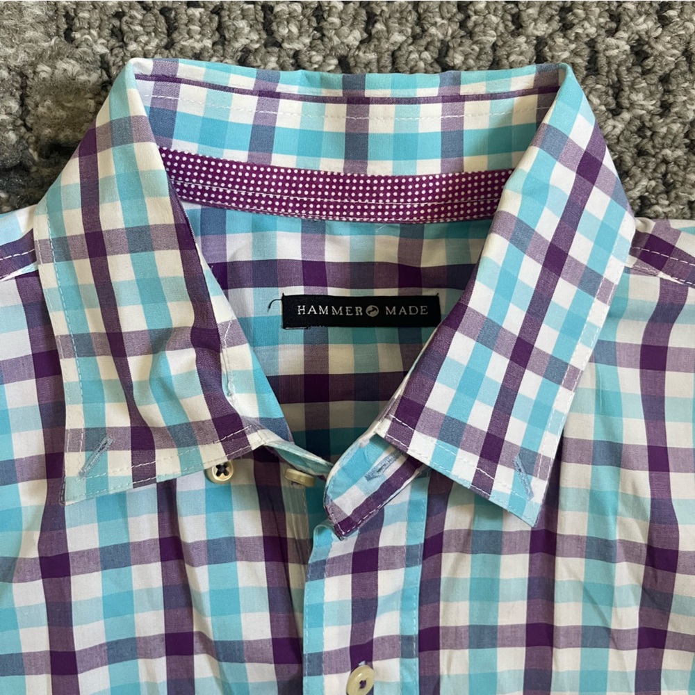 Hammer Made Long Sleeve Button Down Shirt, Purple Blue White Check, Neck 15.5 - Picture 2 of 8